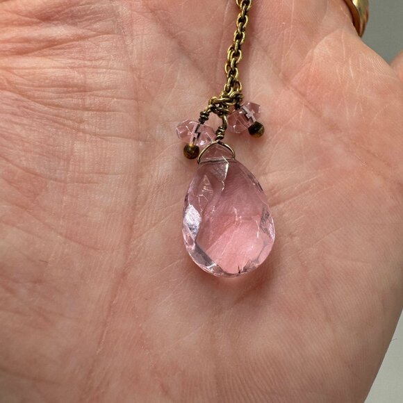 Teardrop Mystic Quartz Sterling Silver and Pink Rose Rhinestone Lariat Necklace - Picture 12 of 13